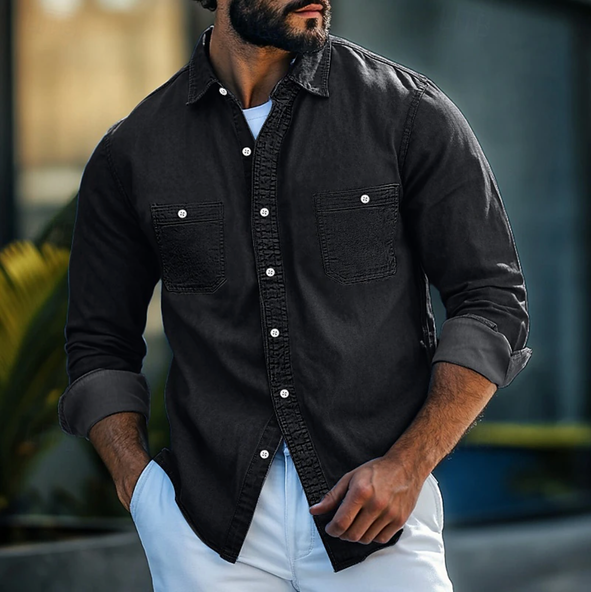 Herrskjorta i denim – Regular fit – Långärmad – Knapp och bröstfickor