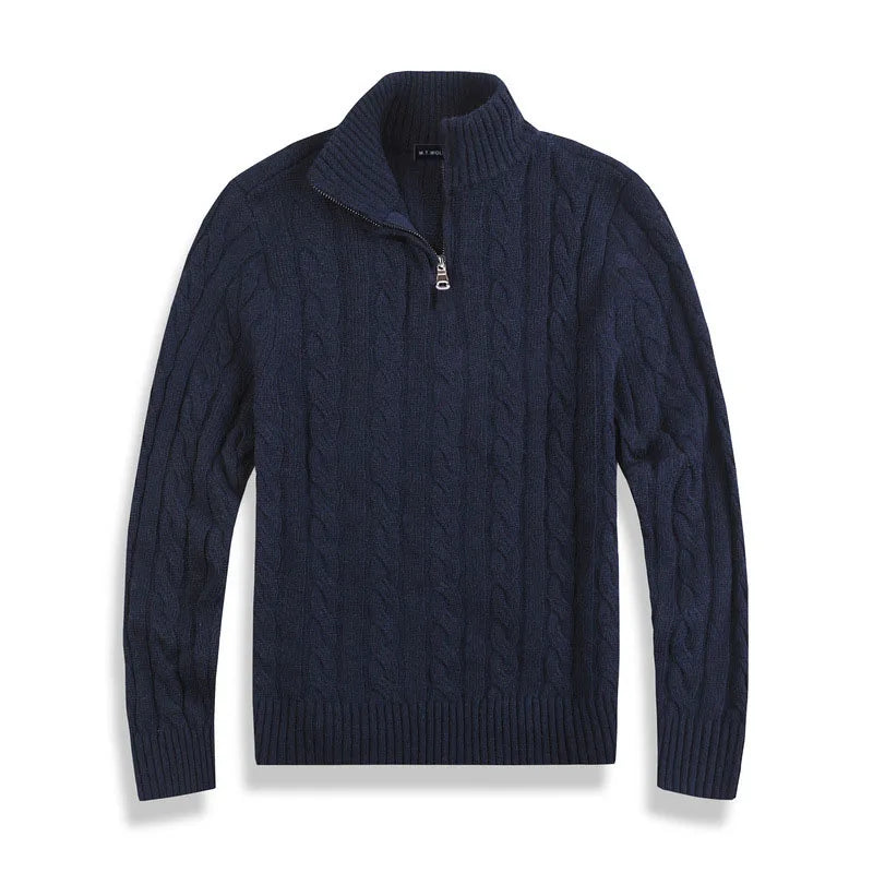 Herrtröja med half zip – bomullsblandning – kabelstickad – regular fit – ribbstickad kant