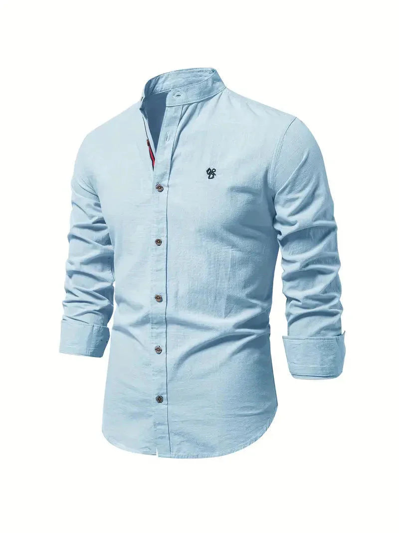 Herrskjorta - Slim Fit - Mandarin Krage - Långärmad Andningsbar Casual