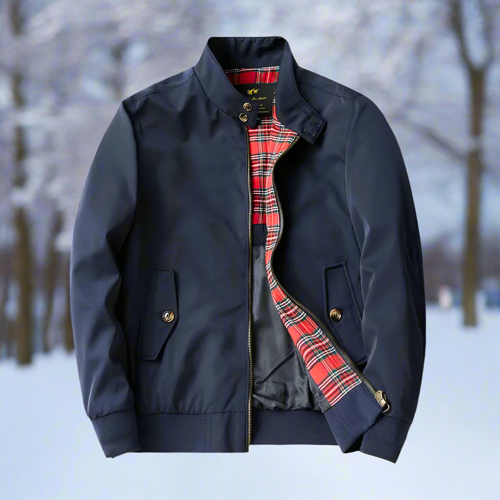 Herr Harrington Jacka – Klassisk Passform – Dragkedja – Ribbstickade Manschetter – Tartan Foder