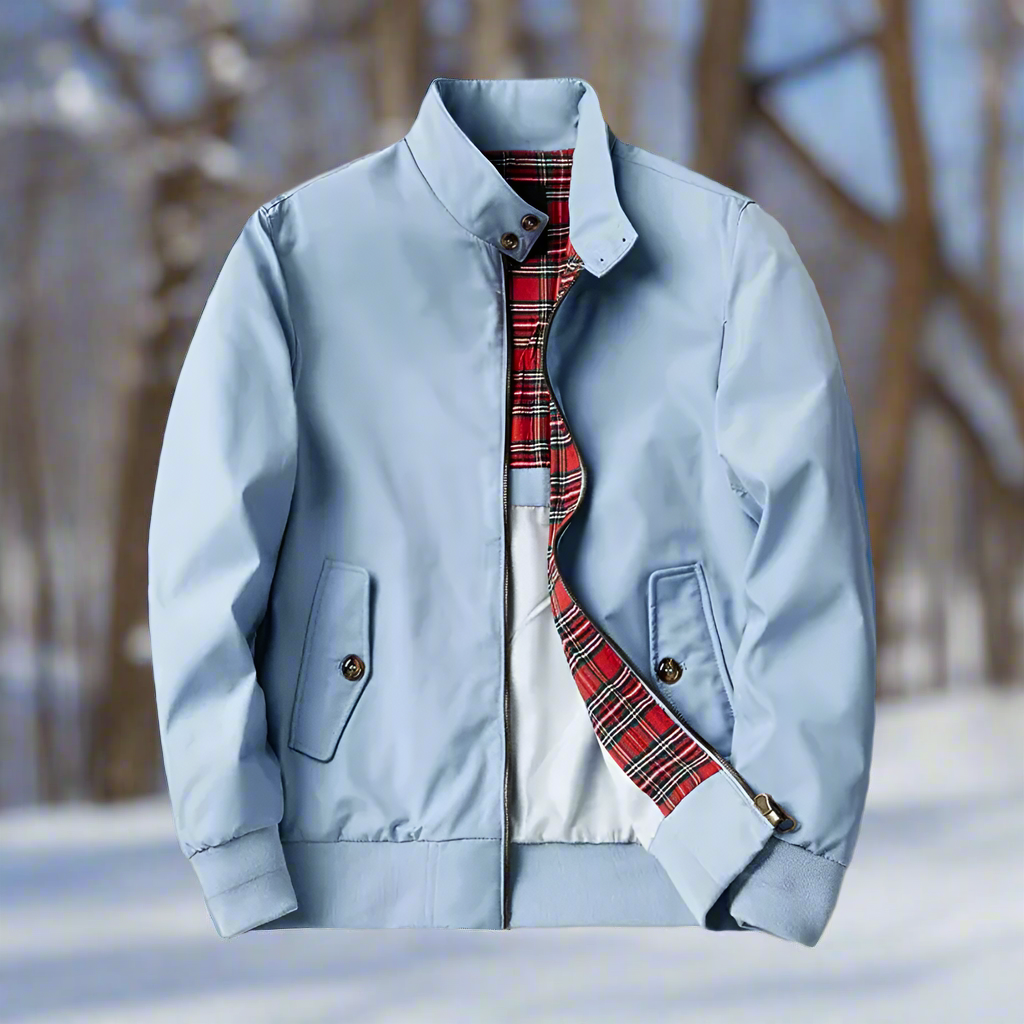 Herr Harrington Jacka – Klassisk Passform – Dragkedja – Ribbstickade Manschetter – Tartan Foder