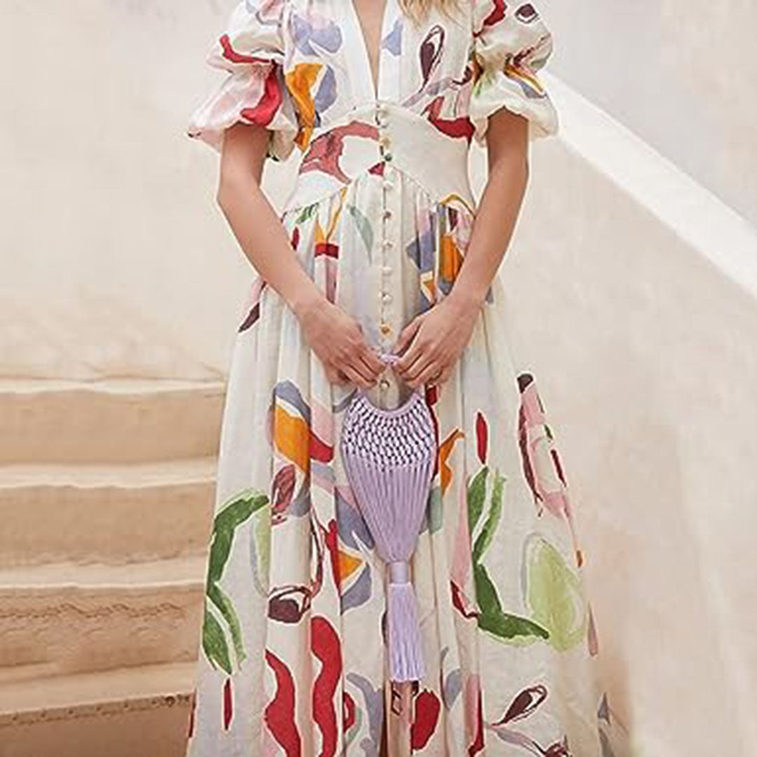Kjole til dame - Midi A-linje - Puffermet & V-hals - Knapper & Blomstermønster