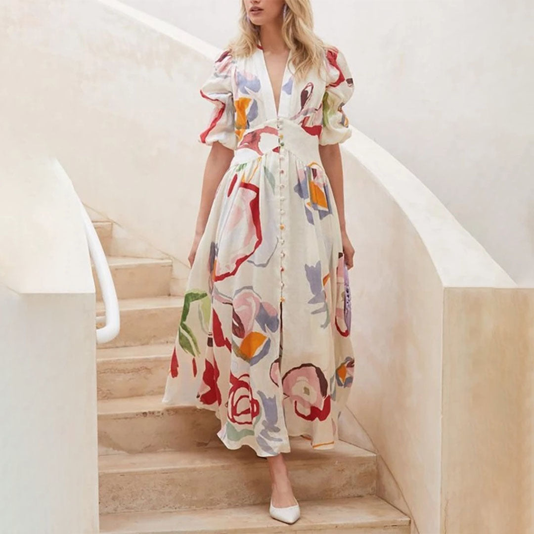 Kjole til dame - Midi A-linje - Puffermet & V-hals - Knapper & Blomstermønster