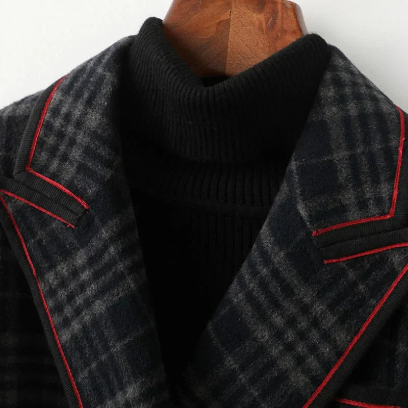 Herr Blazer - Dubbelspränd Ull - Rutigt Mönster - Notch-Slag - Kontrastdetaljer - Guldknappar