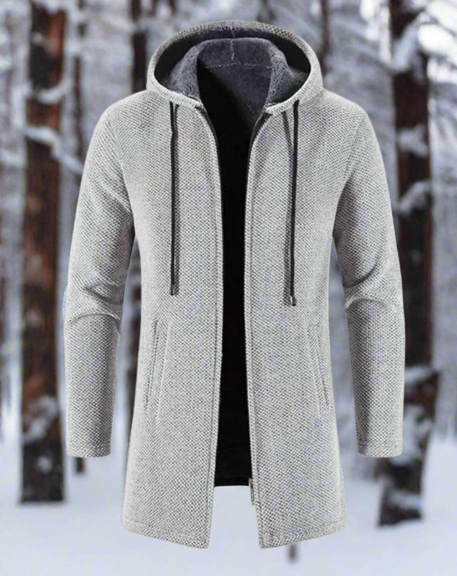 Herr Lång Hoodiecardigan – Texturerat Tyg – Öppen Front – Slim Fit – Justerbar Huva