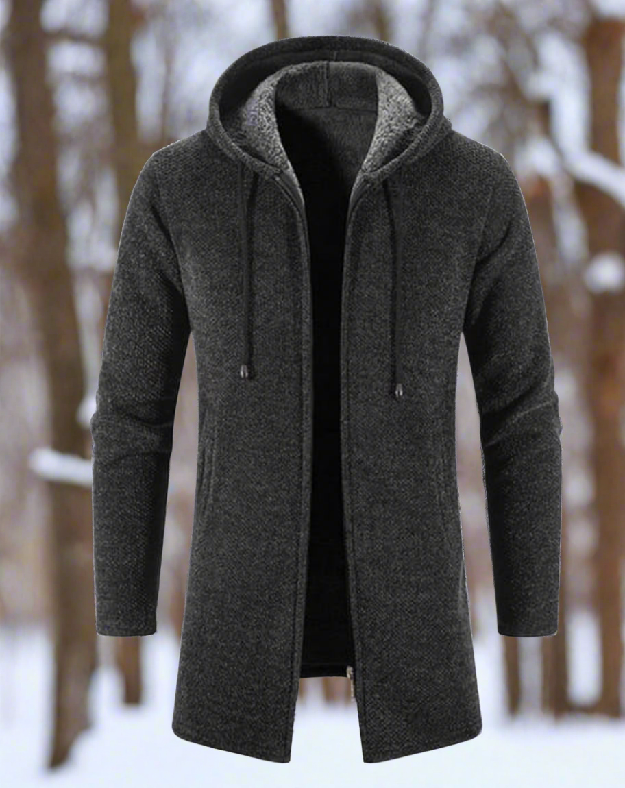 Herr Lång Hoodiecardigan – Texturerat Tyg – Öppen Front – Slim Fit – Justerbar Huva