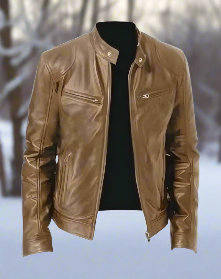 Herr Skinnjacka - Bikerstil - Smal Passform - Dragkedja - Ståkrage med Tryckknapp - Flera Fickor