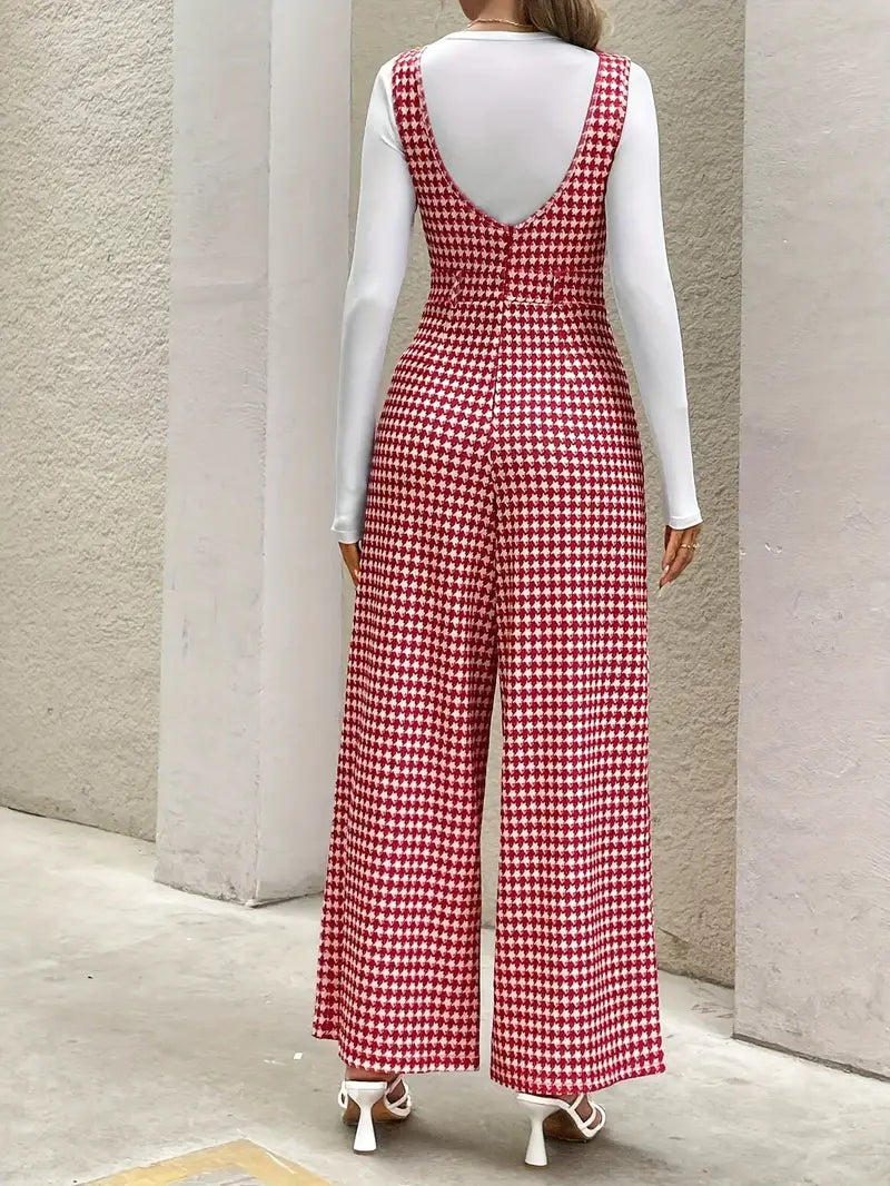 Dams Jumpsuit - Houndstooth Mönstrad - Vid Ben - Ärmlös med Knappar - Elegant Passform