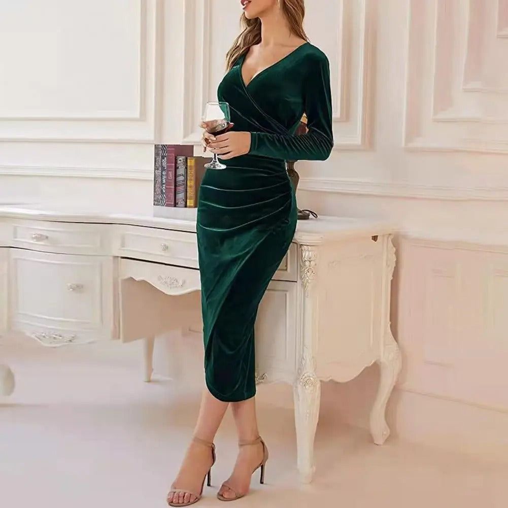 Klänning för dam - Elegant Velour - Midi Längd - V-Hals - Långärmad Omslagsdesign
