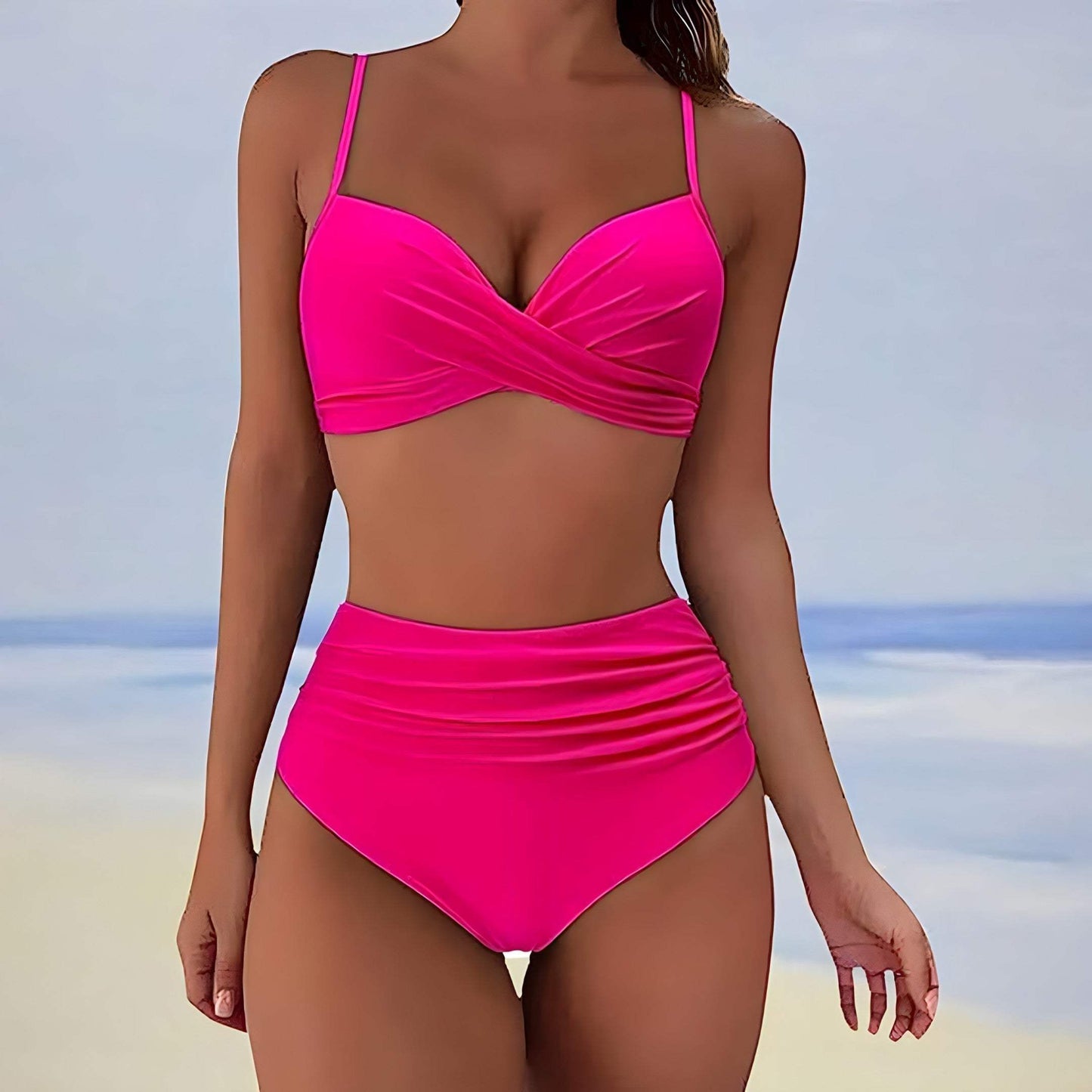 Dam Bikini - Omslagsdesign Topp - Justerbara Remmar - Hög Midja - Smickrande Passform