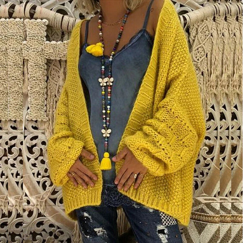 Dam Cardigan – Ullstickad – Oversized Passform – Öppen Front – Ballongärmad Design