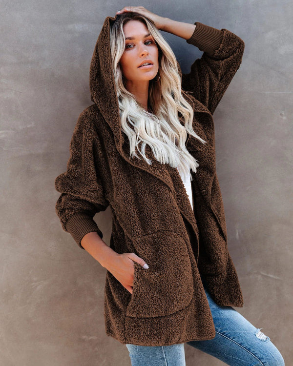 Damkofta med Huva – Sherpa Fleece – Oversized Passform – Öppen Front