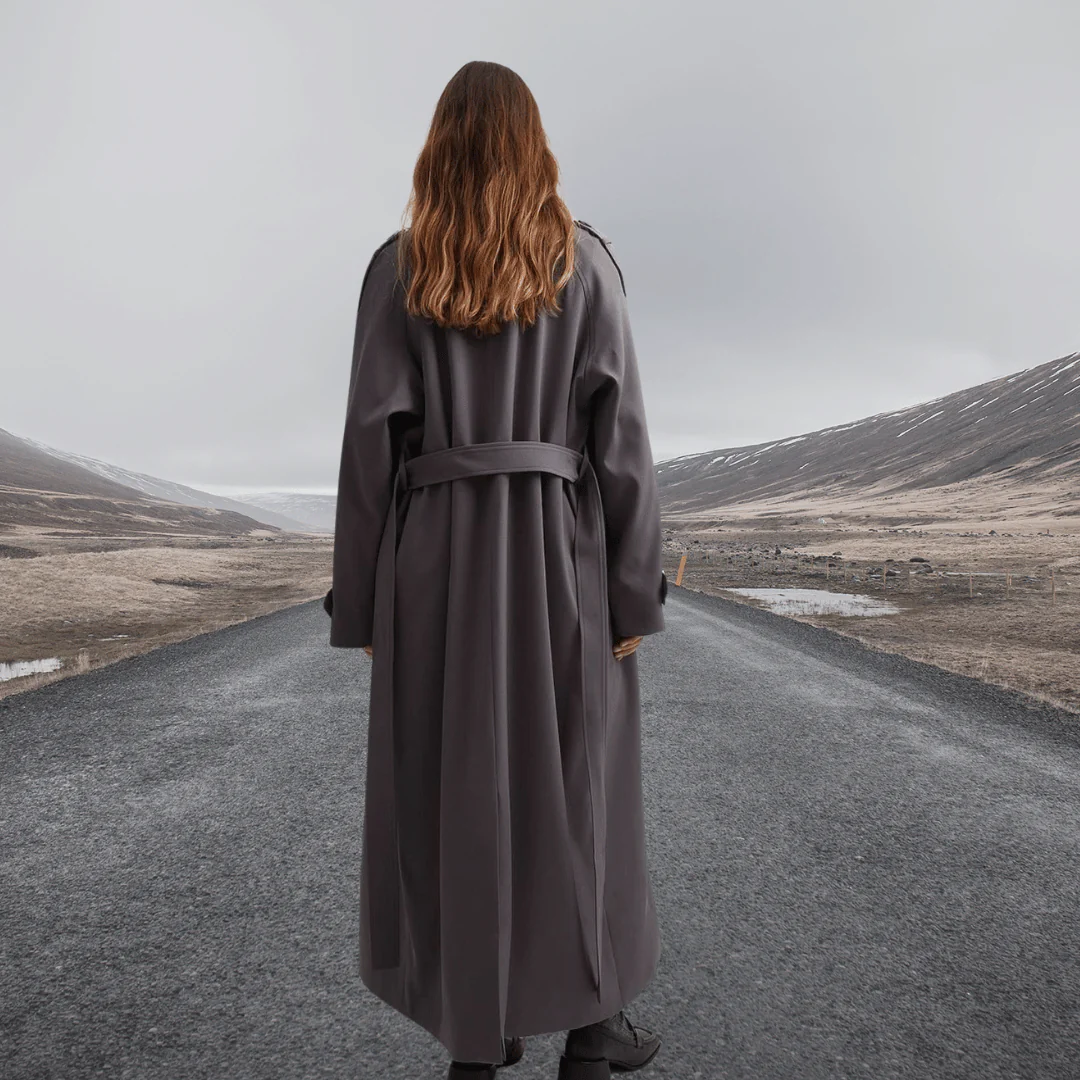 Damtrenchcoat – ullblandning – avslappnad passform – full längd – knytbälte