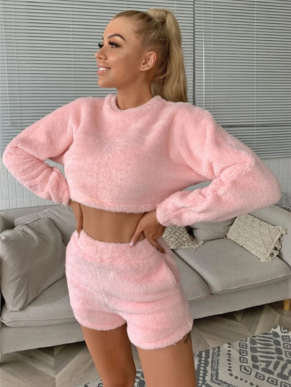 Dam Loungekläder Set – Mjuk Fleece-känsla – Croppad Tröja – Högmidja Shorts