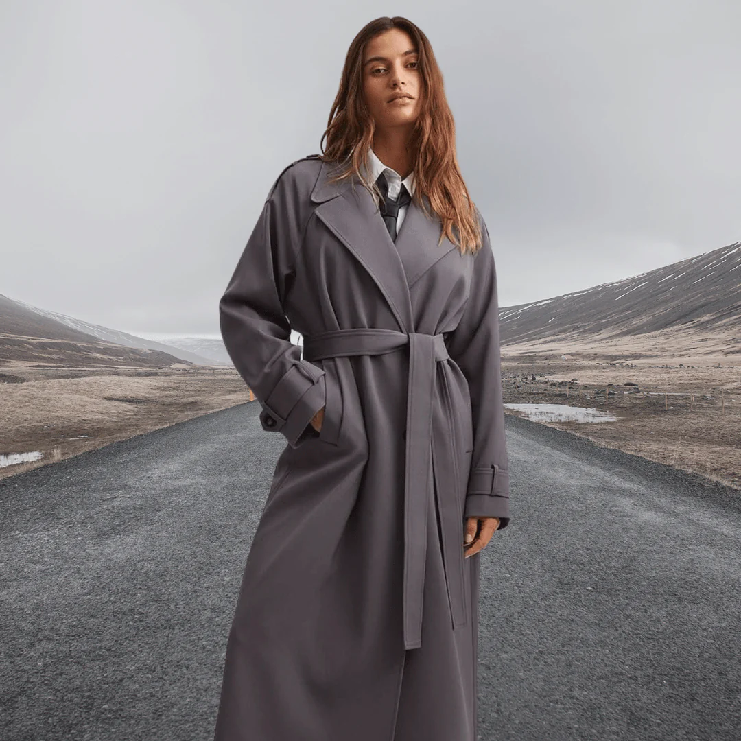 Damtrenchcoat – ullblandning – avslappnad passform – full längd – knytbälte