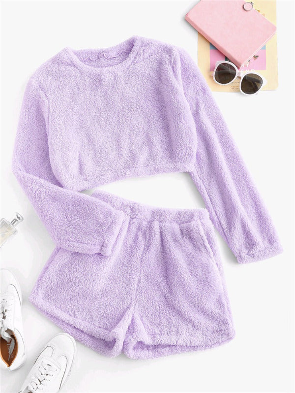 Dam Loungekläder Set – Mjuk Fleece-känsla – Croppad Tröja – Högmidja Shorts