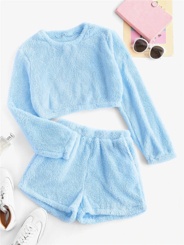 Dam Loungekläder Set – Mjuk Fleece-känsla – Croppad Tröja – Högmidja Shorts