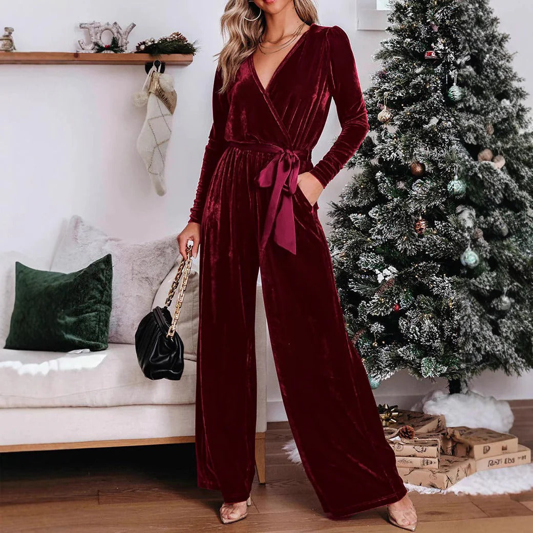 Dams Jumpsuit – Skräddarsydd Passform – Sammet – V-ringning – Långärmad – Vida Ben