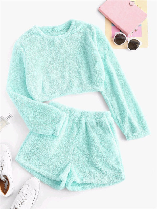 Dam Loungekläder Set – Mjuk Fleece-känsla – Croppad Tröja – Högmidja Shorts