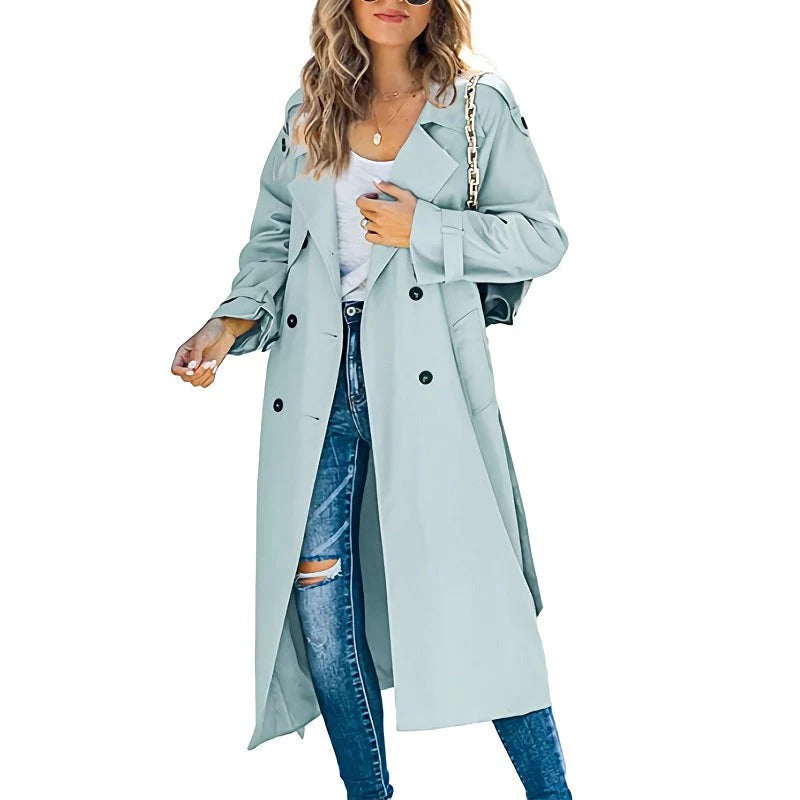 Dam Trenchcoat – Avslappnad Passform – Dubbelspränd – Bred Krage – Lång Modell