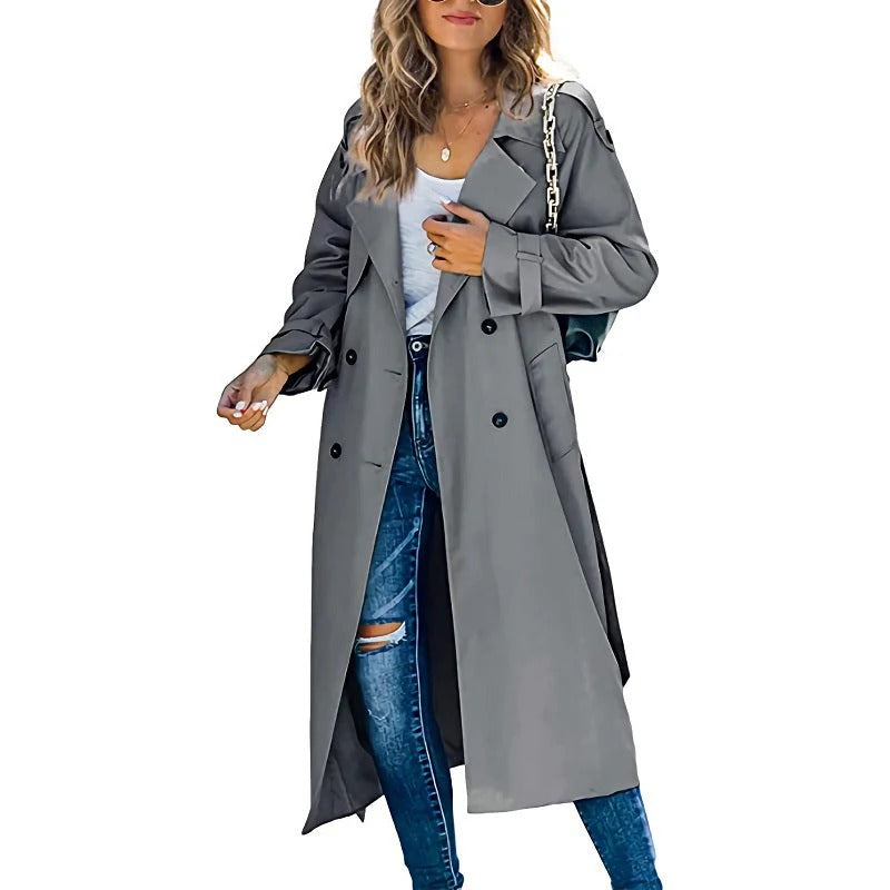 Dam Trenchcoat – Avslappnad Passform – Dubbelspränd – Bred Krage – Lång Modell