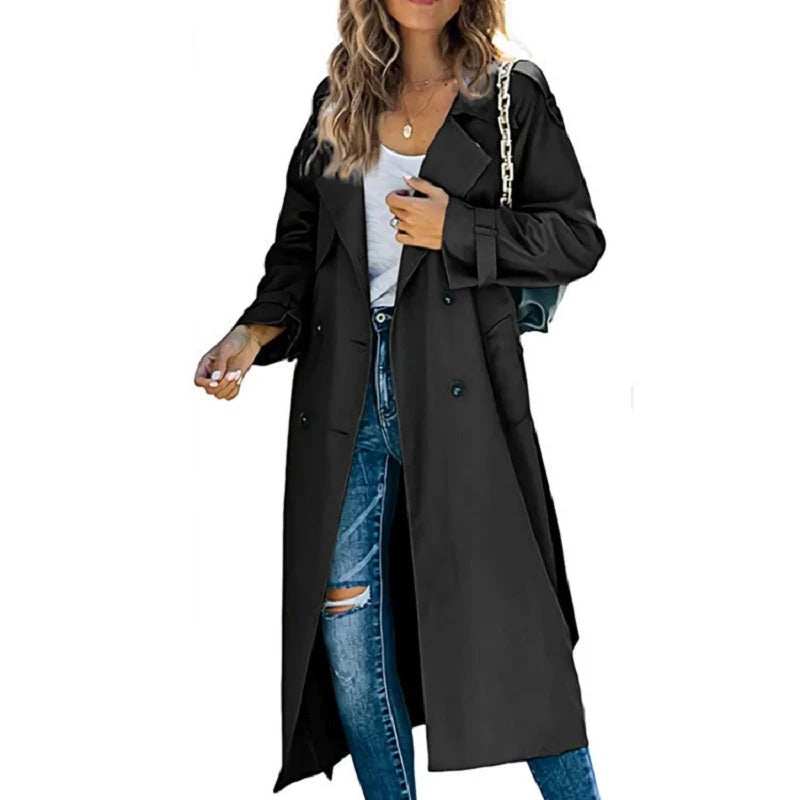 Dam Trenchcoat – Avslappnad Passform – Dubbelspränd – Bred Krage – Lång Modell