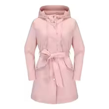 Damtrenchcoat – avslappnad passform – vattenavvisande – huva – bälte – mellanmånga