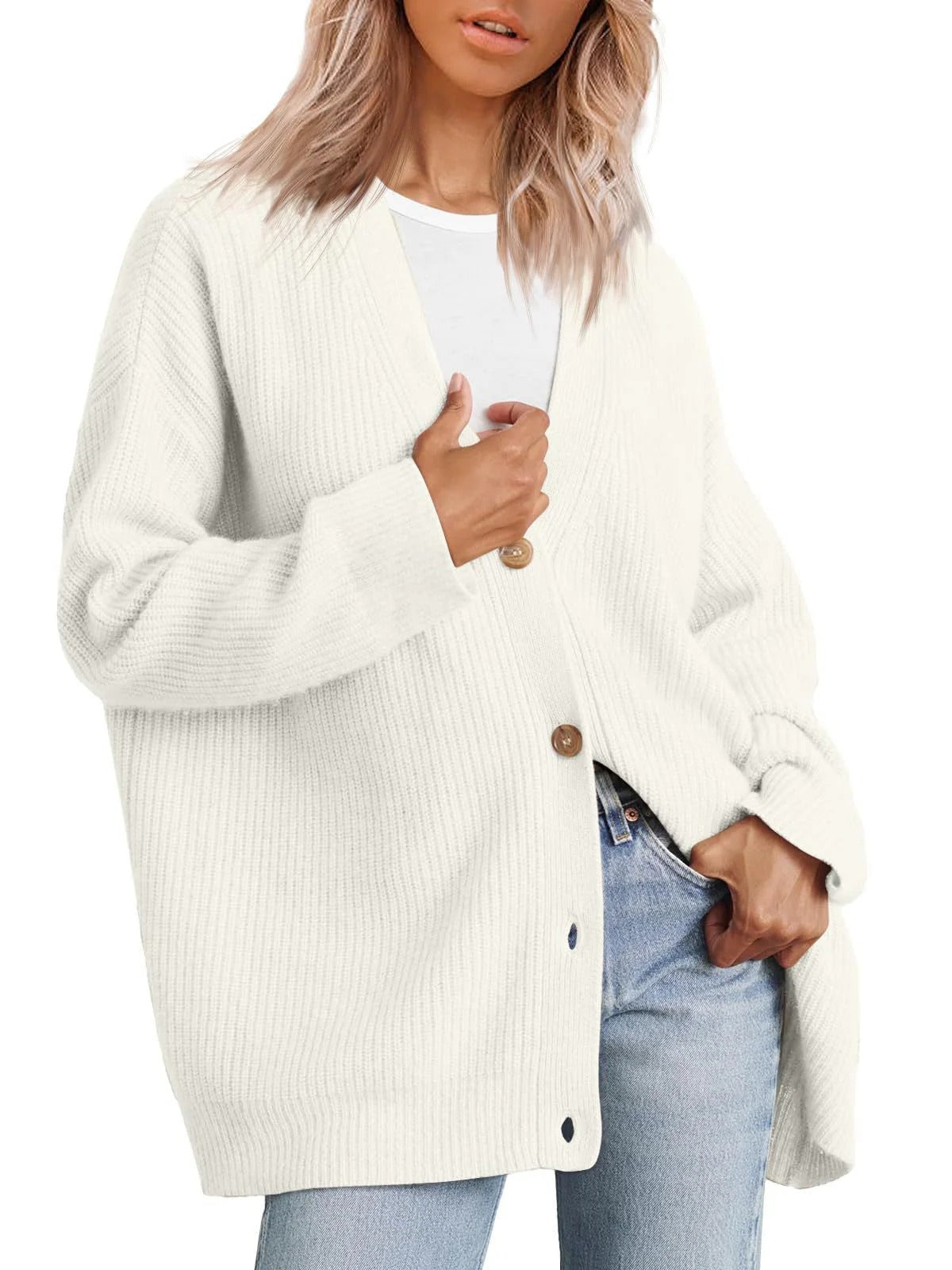 Damkofta – Oversized passform – Ribbstickad – Knappar – V-ringning