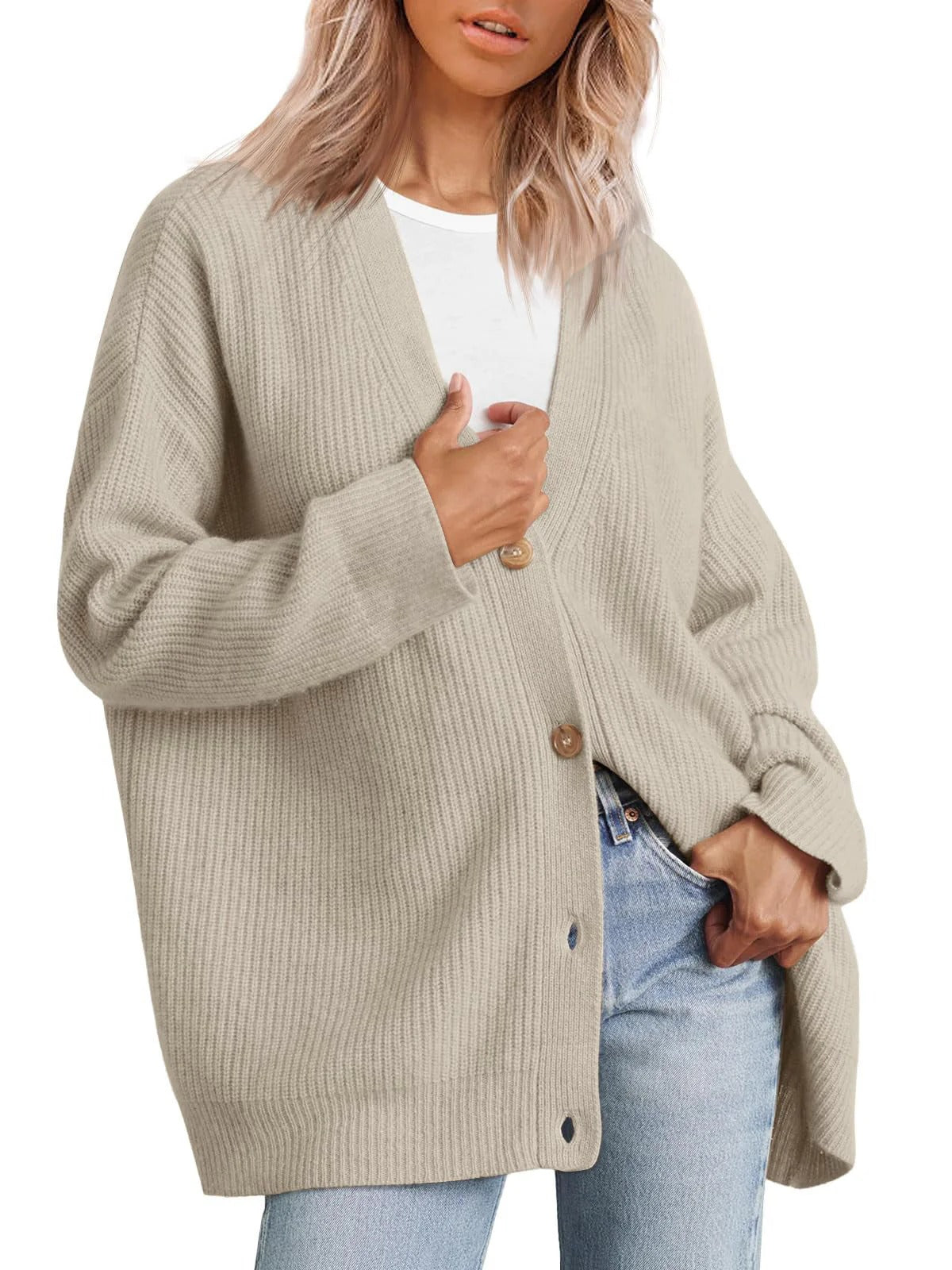 Damkofta – Oversized passform – Ribbstickad – Knappar – V-ringning