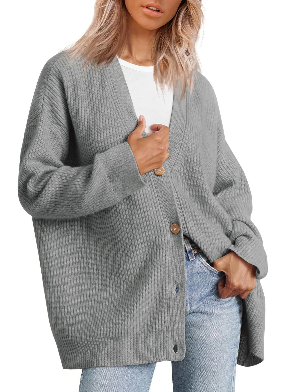 Damkofta – Oversized passform – Ribbstickad – Knappar – V-ringning