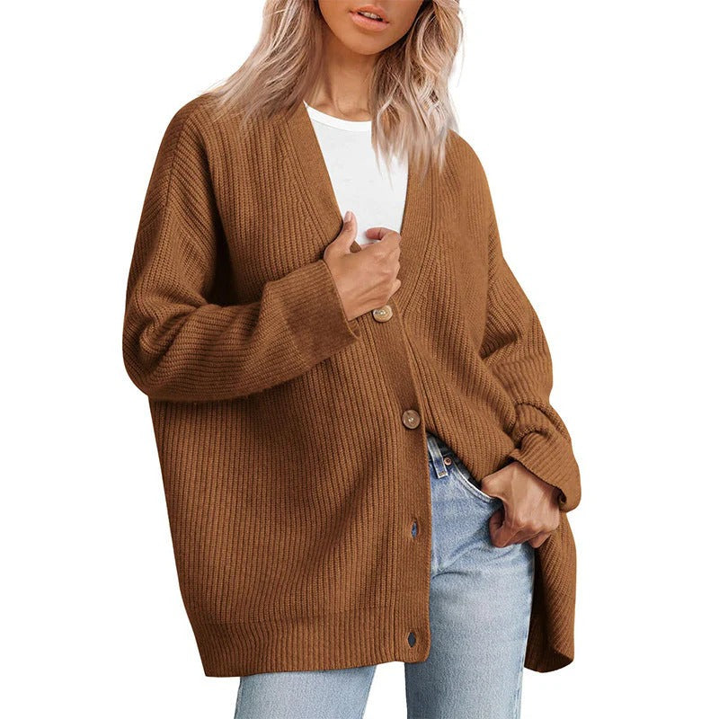 Damkofta – Oversized passform – Ribbstickad – Knappar – V-ringning