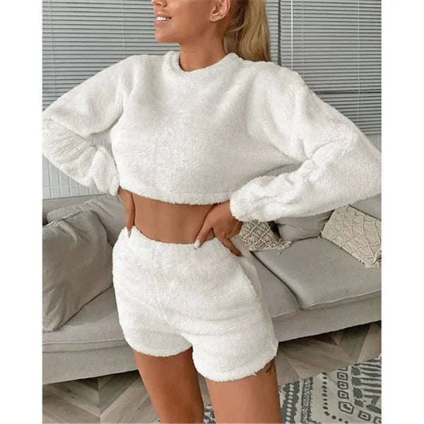 Dam Loungekläder Set – Mjuk Fleece-känsla – Croppad Tröja – Högmidja Shorts