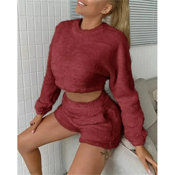 Dam Loungekläder Set – Mjuk Fleece-känsla – Croppad Tröja – Högmidja Shorts
