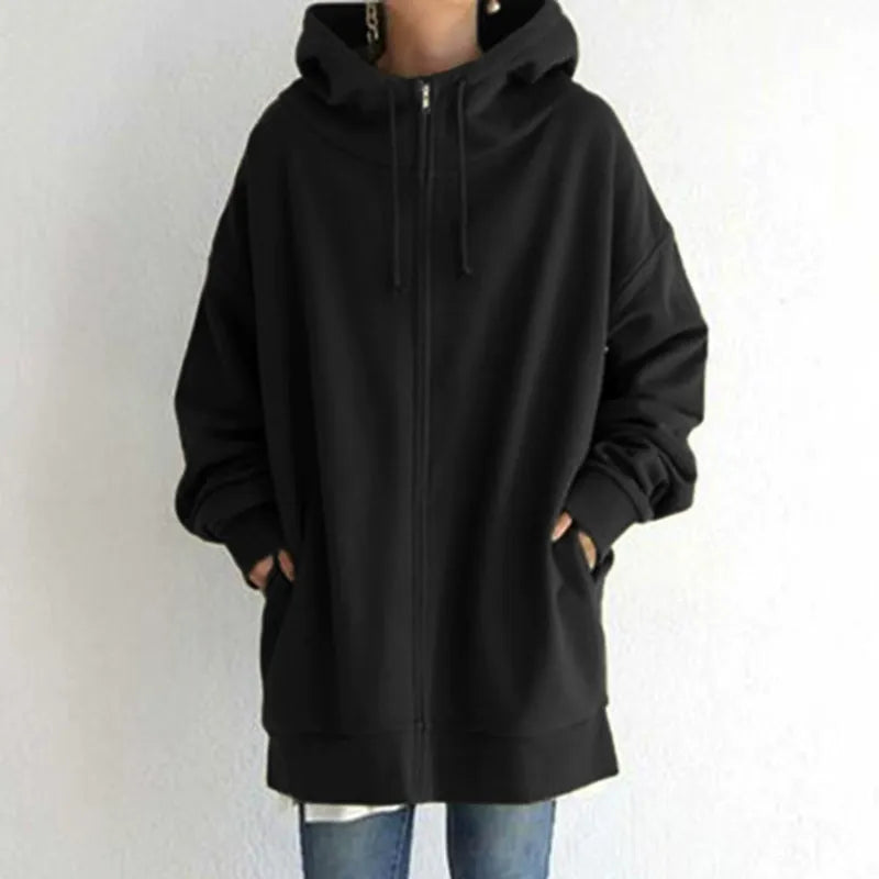 Dam huvtröja – Oversized passform – Fleece – Dragkedja – Med fickor