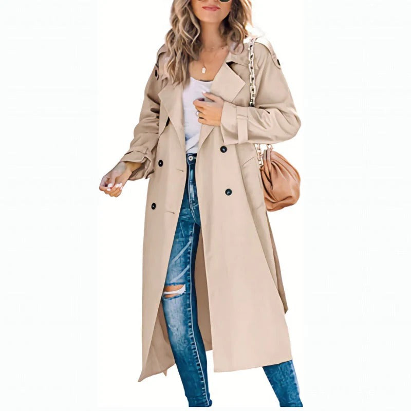 Dam Trenchcoat – Avslappnad Passform – Dubbelspränd – Bred Krage – Lång Modell