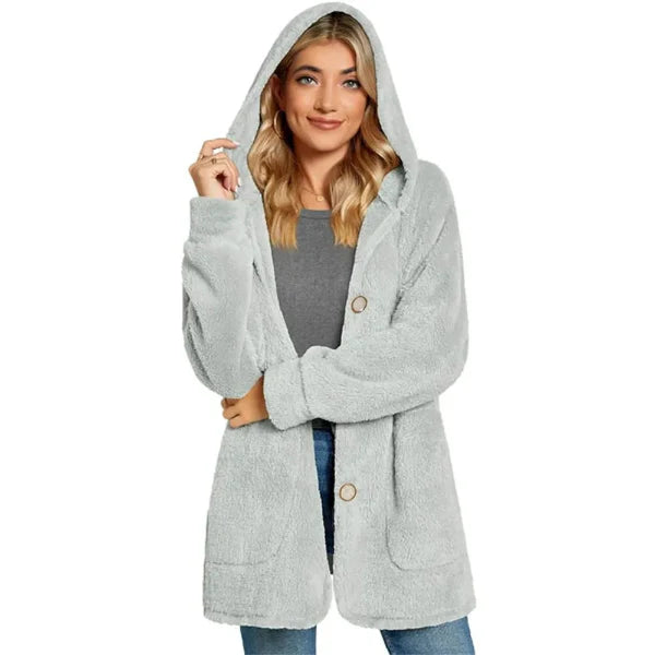 Dam Cardigan med Huva – Plyschtextur – Oversized Passform – Knäppning – Fickor