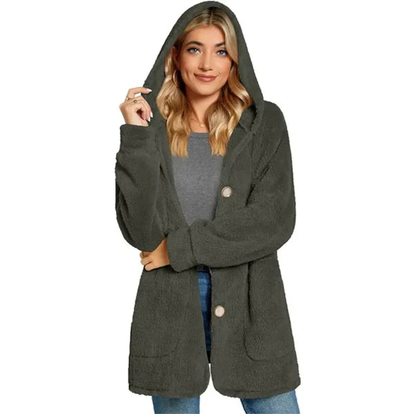 Dam Cardigan med Huva – Plyschtextur – Oversized Passform – Knäppning – Fickor