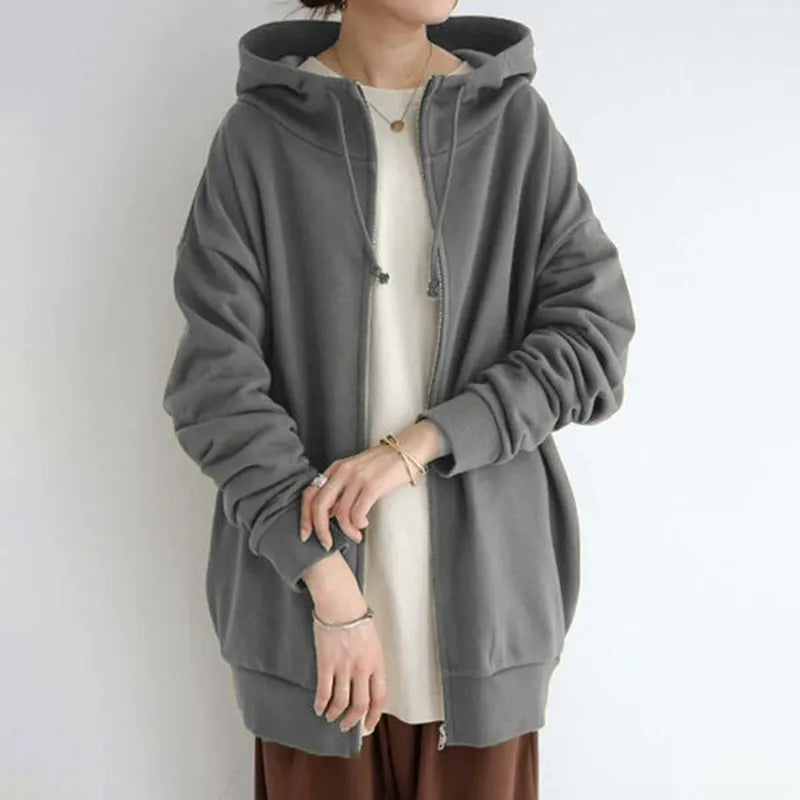 Dam huvtröja – Oversized passform – Fleece – Dragkedja – Med fickor