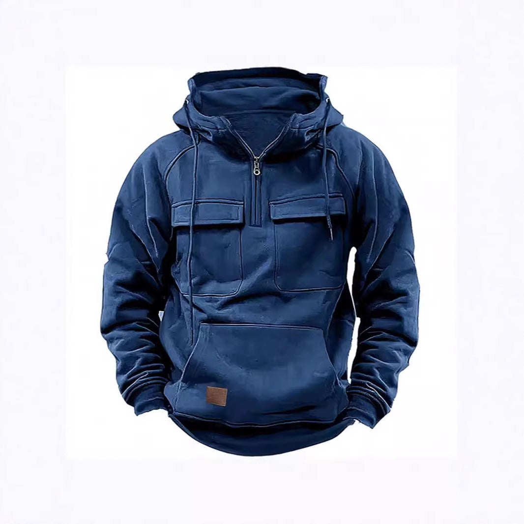 Herr Huvtröja – Avslappnad Passform – Half Zip – Bröstfickor – Mjuk Bomullsfleece