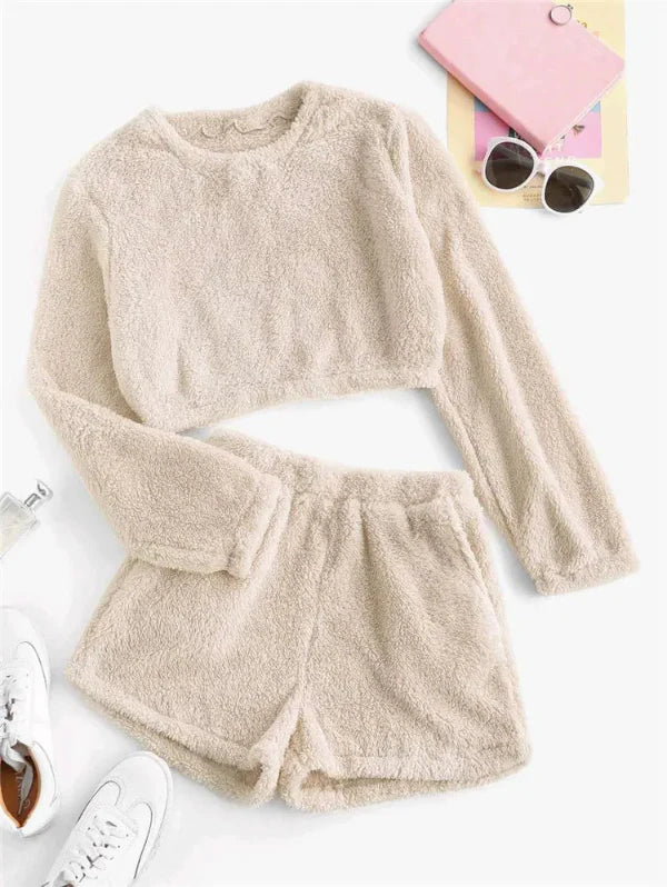Dam Loungekläder Set – Mjuk Fleece-känsla – Croppad Tröja – Högmidja Shorts