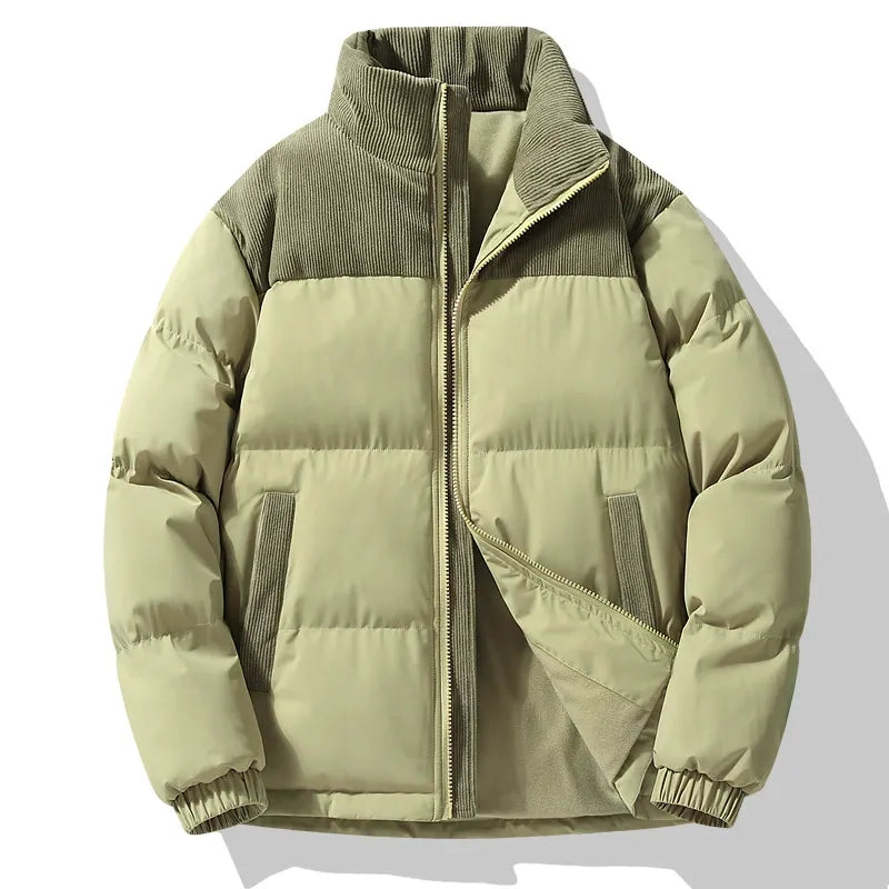 Herr Jacka – Vadderad Oversized Passform – Quiltad Textur – Sammetkrage – Dragkedja