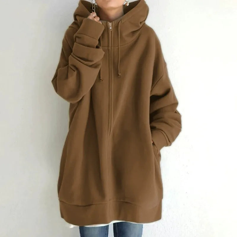 Dam huvtröja – Oversized passform – Fleece – Dragkedja – Med fickor