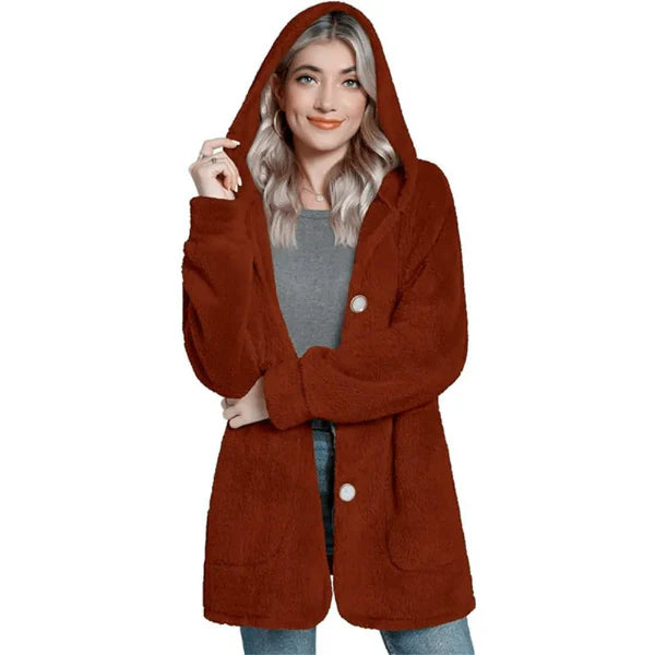 Dam Cardigan med Huva – Plyschtextur – Oversized Passform – Knäppning – Fickor