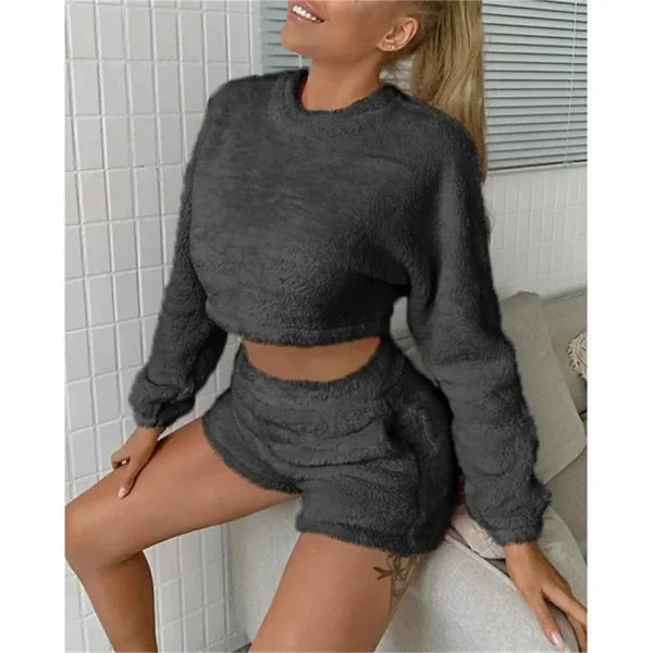 Dam Loungekläder Set – Mjuk Fleece-känsla – Croppad Tröja – Högmidja Shorts