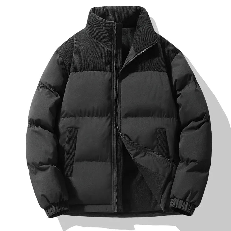 Herr Jacka – Vadderad Oversized Passform – Quiltad Textur – Sammetkrage – Dragkedja