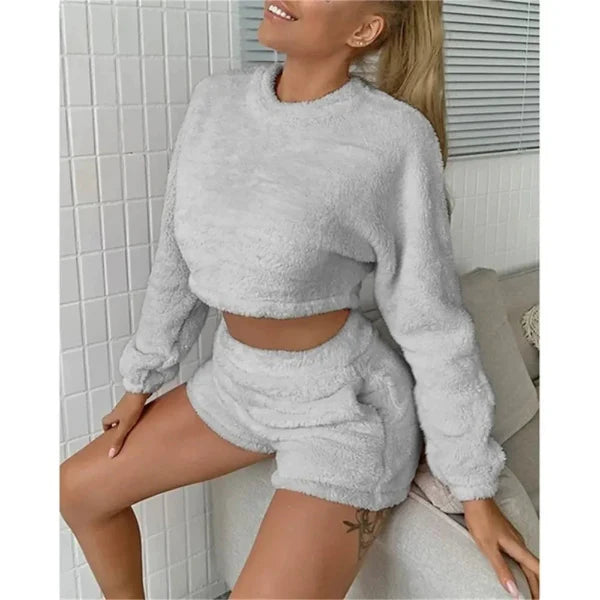 Dam Loungekläder Set – Mjuk Fleece-känsla – Croppad Tröja – Högmidja Shorts