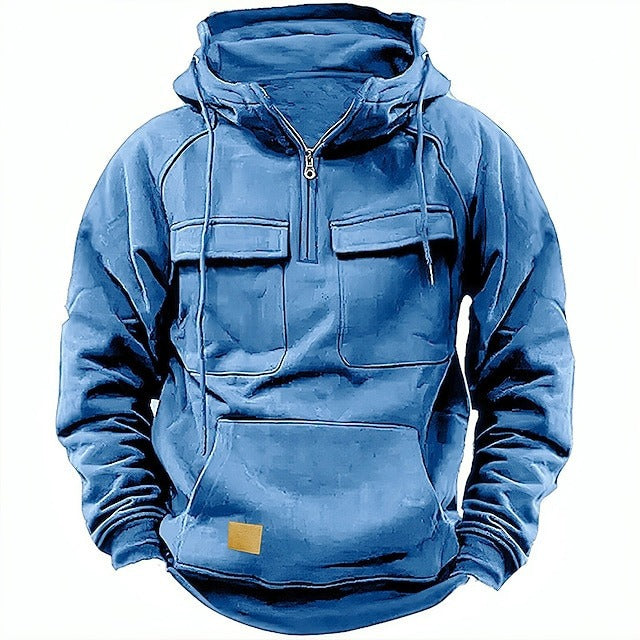 Herr Huvtröja – Avslappnad Passform – Half Zip – Bröstfickor – Mjuk Bomullsfleece