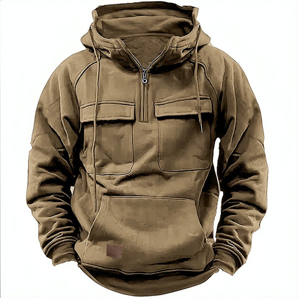 Herr Huvtröja – Avslappnad Passform – Half Zip – Bröstfickor – Mjuk Bomullsfleece