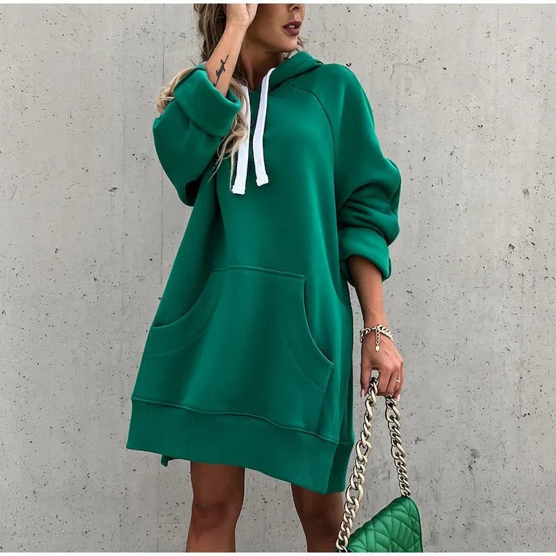 Dam Huvklänning – Oversized Passform – Bomullsblandning – Känguruficka – Slits
