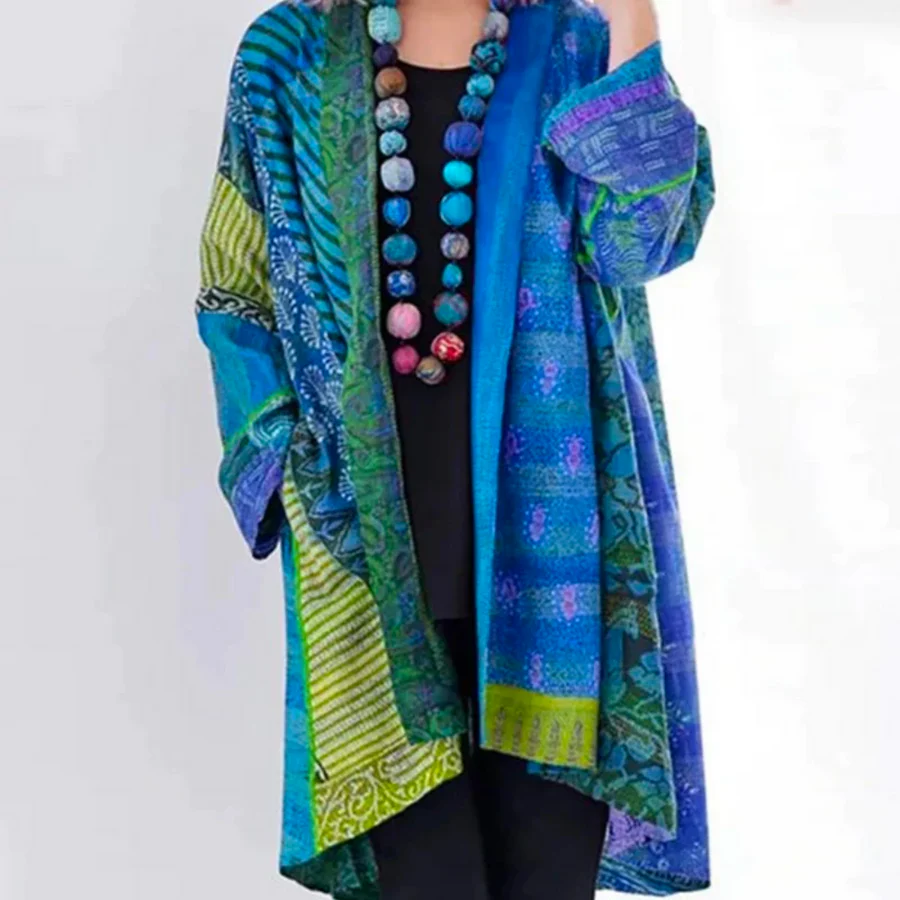 Dam Cardigan – Ullstickad – Oversized Passform – Lång Längd – Öppen Bohemstil